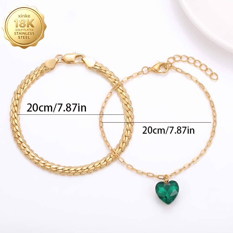 18K Golden Plated Side Chain & Lip Heart Bracelet Set